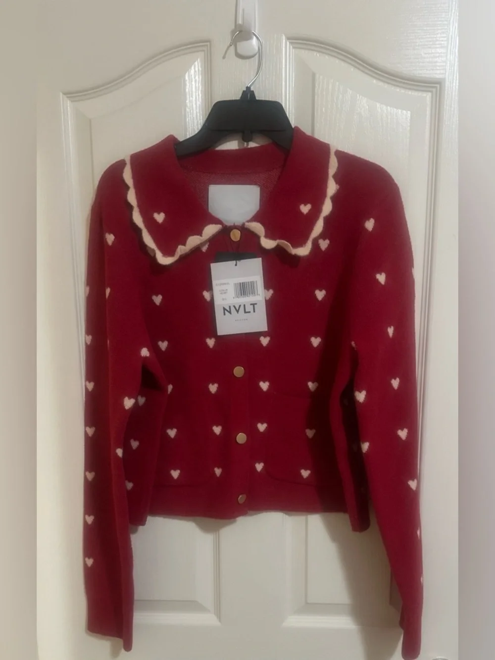 NWT Womens Anthropologie NVLT Heart Icon Knit Sweater Collared Cottagecore Red L